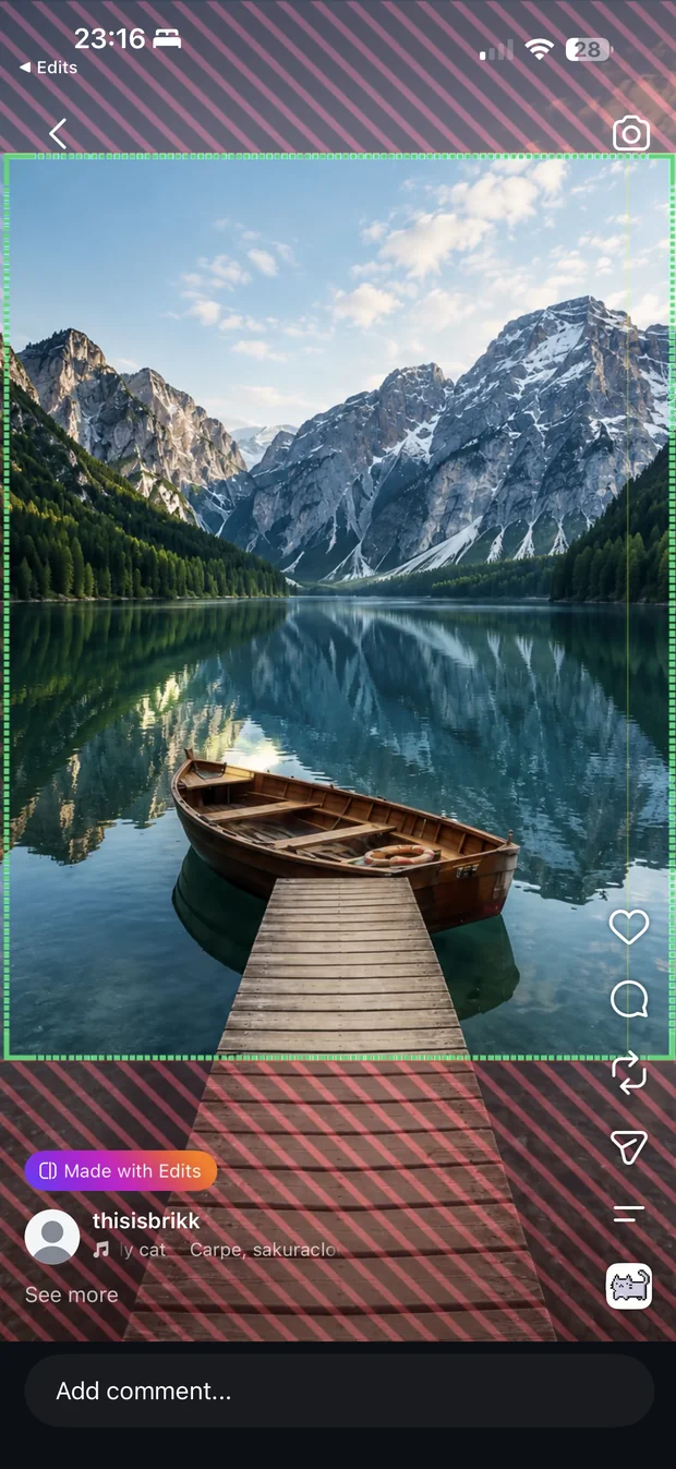 FrameBounds safe-zone overlay, screen-recorded live inside the Instagram app, showing the predicted unsafe zones lining up with what Instagram actually covers