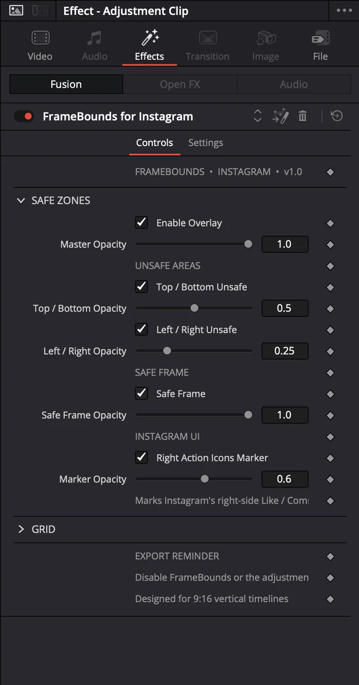 Safe Zones controls in the FrameBounds Inspector