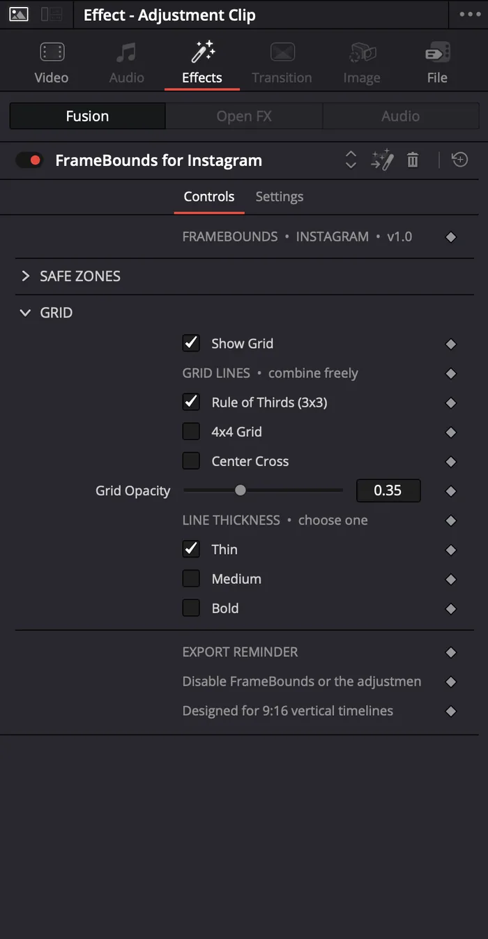 Grid controls in the FrameBounds Inspector