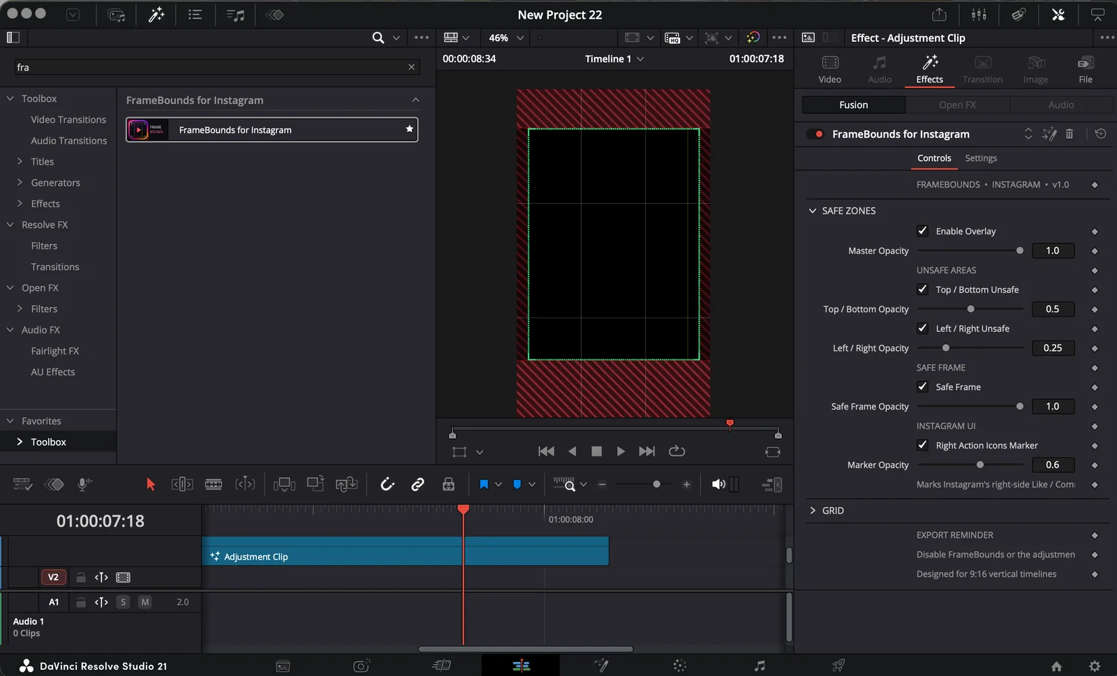 FrameBounds running inside DaVinci Resolve on a vertical timeline